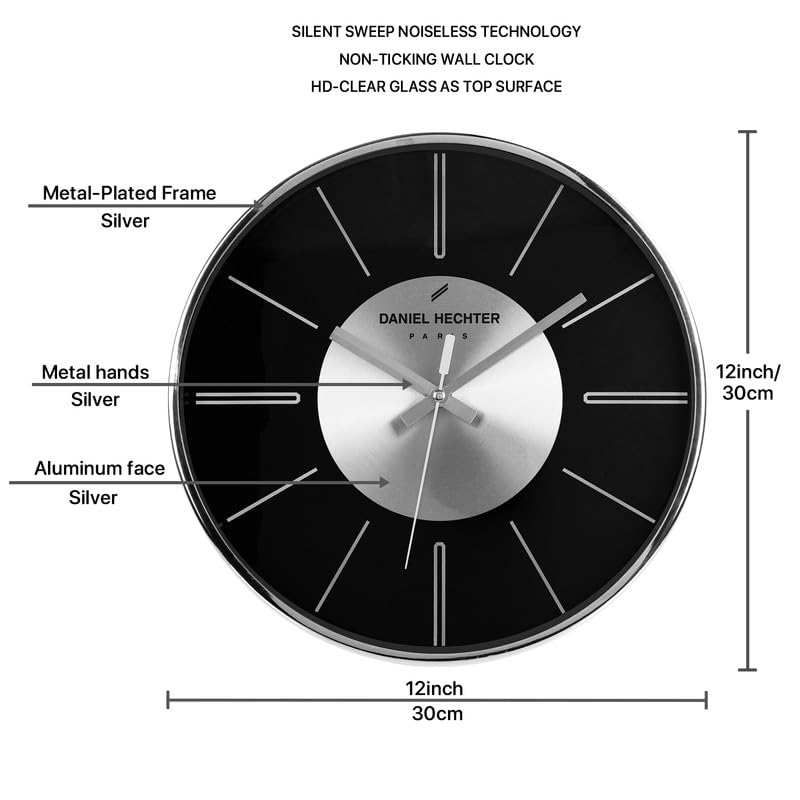 Image of Daniel Hechter Paris Seine Collection Wall Clock, Silent Sweep Non-Ticking,12 inch(30cm) HD Glass Black Dial, Silver Aluminum Face & Metal Frame, Modern Decorative Clock for Home & Office - DHCL1004
