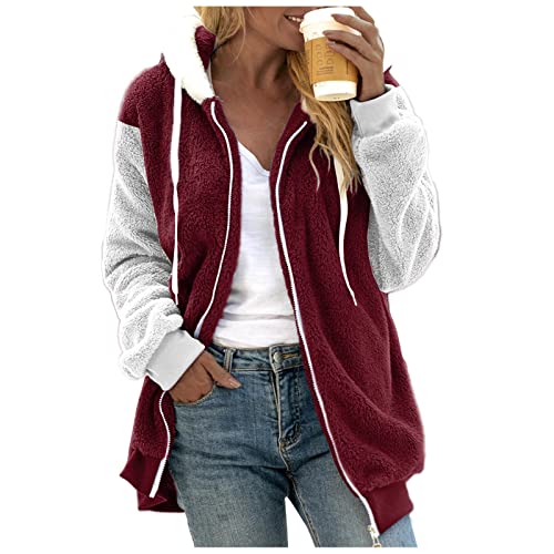 Fuzzy Fleece Jackets for Women Plus Size Hoodies Fall Winter Coats Color Block Patchwork Cardigan Coat with Pockets
