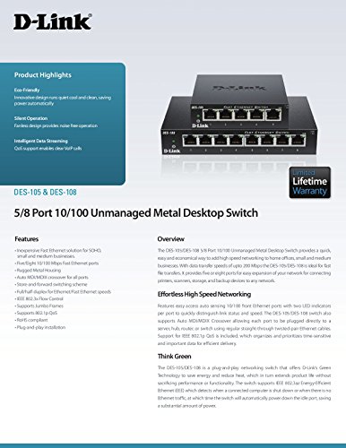D-Link Fast Ethernet Switch, 8 Port Unmanaged Metal Fanless Desktop Network Internet (Des-108), Black #TOP3
