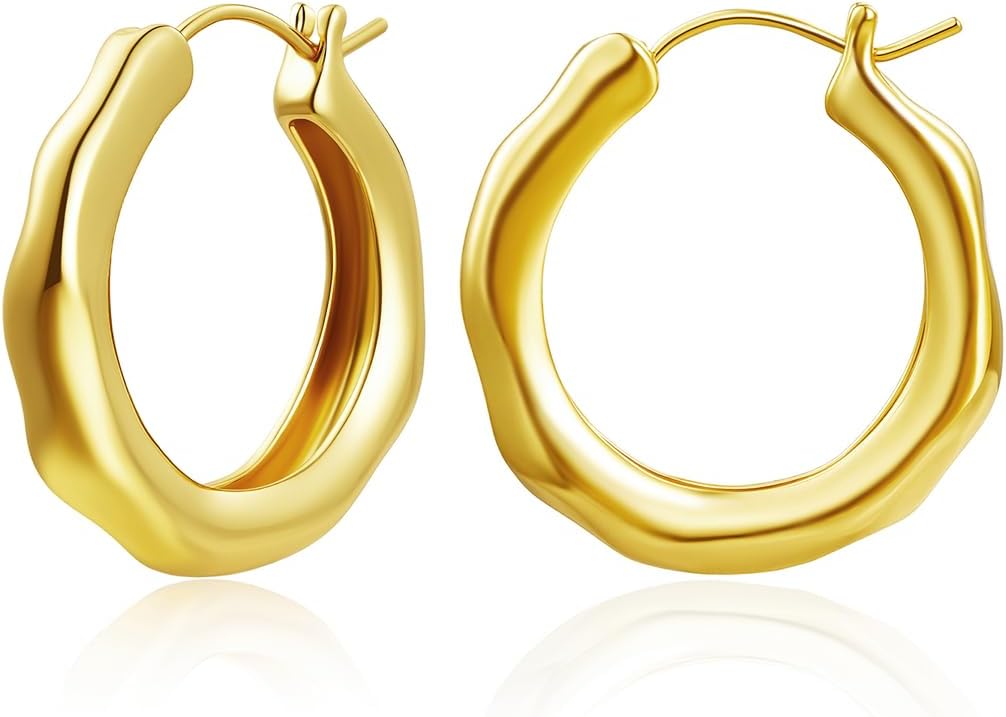 18K Gold & White Gold Plated Hoop Earrings for Women, Flowing Water Design, Hypoallergenic Nickel Free, Lightweight Dainty Hoops Safe for Sensitive Ears, Gift for Birthday, Mother’s Day, Valentine’s Day, Christmas