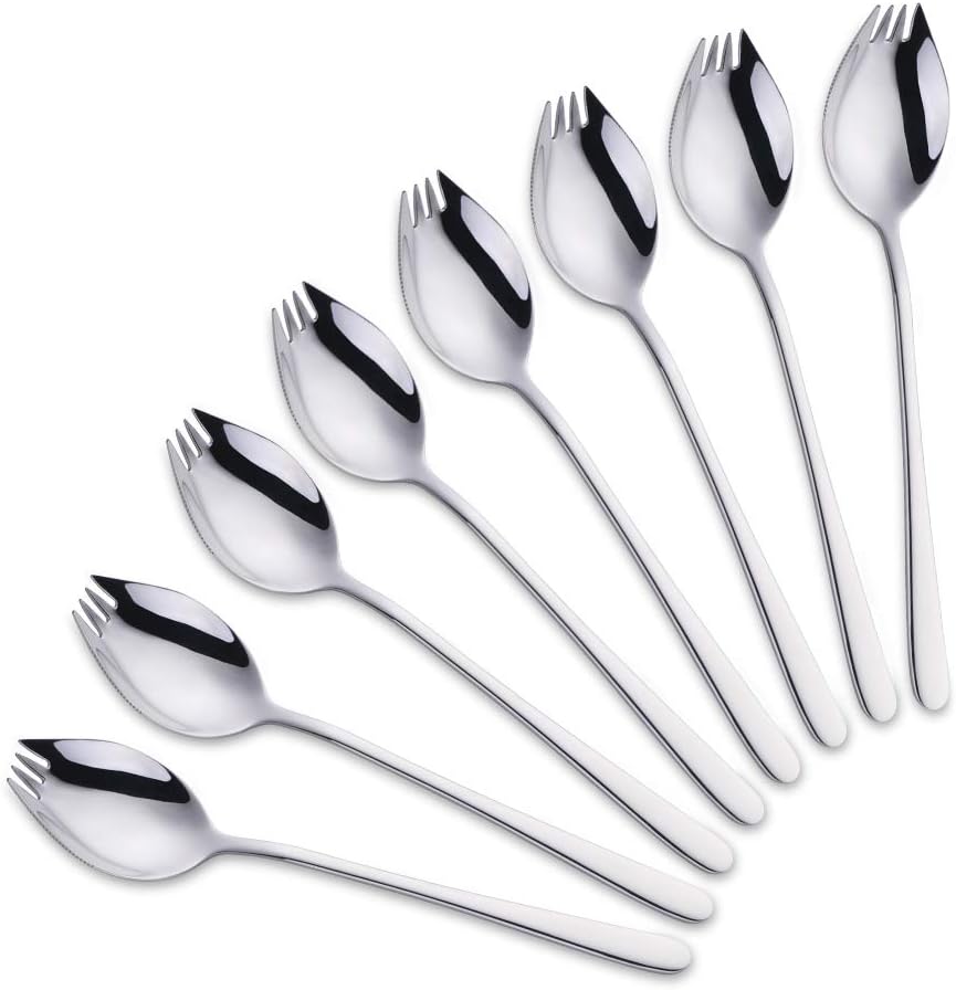 Sporks with Knife Edge Stainless Steel Knife Spoon Fork 3 in One 8 Pieces Camping Cutlery Set Silver Dishwasher Safe