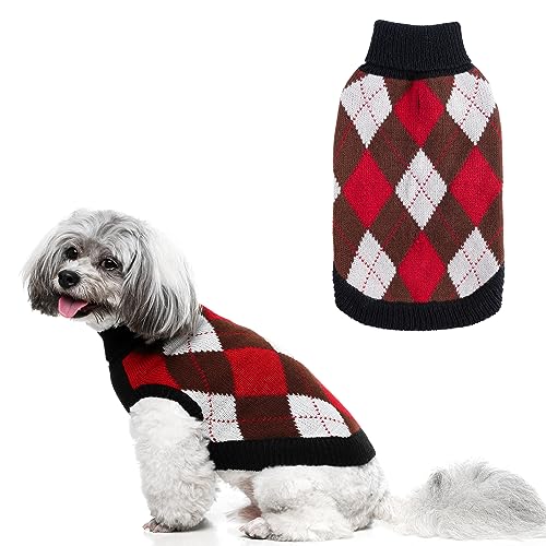 Plaid Dog Jumper Diamond Sweater Winter Warm Clothes Christmas Coat Turtleneck Knitwear Sweater Pet Holiday Wedding Festive Outfit for Small Medium Dogs