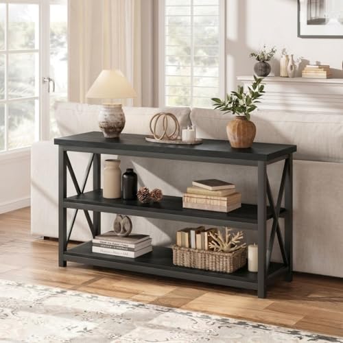 Image of 3-Tier Entryway Console Table | Modern Farmhouse Sofa Table with Open Storage Shelves | X-Frame Accent Hallway Table for Living Room Foyer & Entryway Organization | Black | 120x30x80 cm