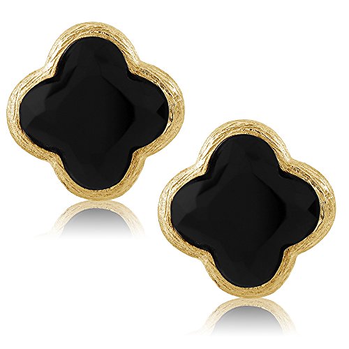 Gem Stone King 18K Gold Plated Sterling Silver Flower Shape Clover Designs Black Onyx Diamond Cut Stud Earrings For Women2