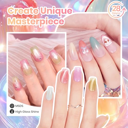 Image of Beetles Jelly Gel Nail Polish Set, 6 Colors Pastel Pink Cat Eye Blue Purple Yellow Green Glitter Gel Polish Kit with Magnet Sticker Soak Off UV Gel Nail Art Salon DIY at Home Summer Gift for Women