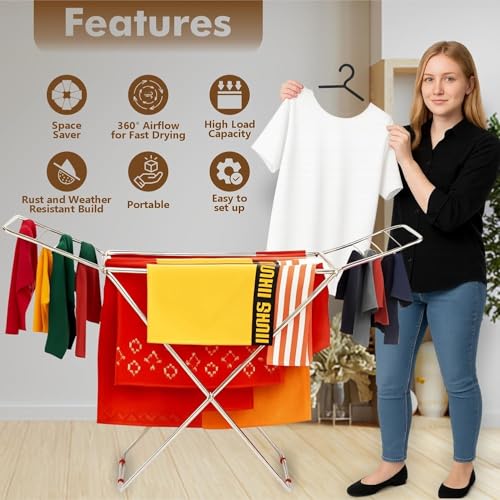 Image of JD FRESH Stainless Steel Foldable Clothes Drying Stand /58 Feet Drying Rack with Drying Rails /Portable Cloth Dryer Stand for Laundry /Strong Cloth Hanger Stand for Balcony /Indoor & Outdoor - Silver