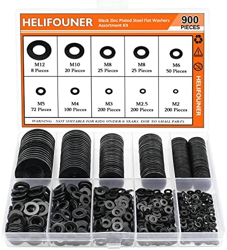 900 Pieces Black Zinc Flat Washers for Screws Bolts, HELIFOUNER Flat Washers Assorted Kit, Flat Washers, Metric Washers, Lock Metal Washers (M2 M2.5 M3 M4 M5 M6 M8 M10 M12)