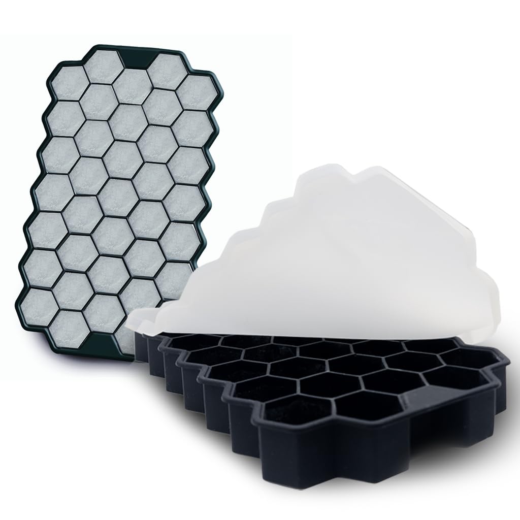 D&D FAMILY 74 Hexagonal Ice Cubes, Ice for Cocktails, Durable Ice Mold with Lid, Soft Silicone Mould, BPA Free, Stackable Ice Moulds, Easy Release - Set of 2