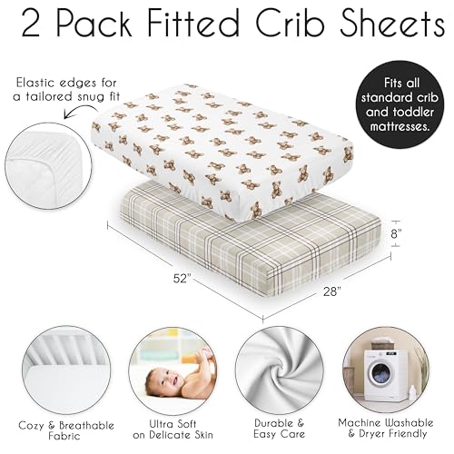 Image of Sweet Jojo Designs 2-Piece Baby Crib Sheets Set (Boho Teddy Bear) for Boys or Girls, Infant Nursery, Toddler Room - Fitted, Standard Size (Taupe Plaid & Brown Watercolor, Classic, Wholesome Aesthetic)