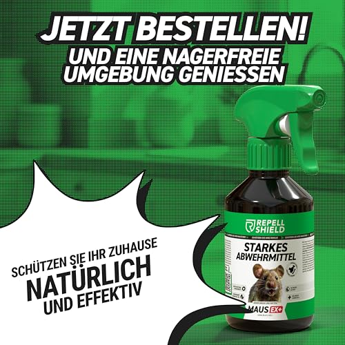 RepellShield® MausEx+ Mäuseabwehr Spray mit Geraniol -250ml- Mäusespray & Rattenabwehr für Innen & Außen - Mäuse vertreiben & Ratten fernhalten, Ohne Rückstände, mit Pfefferminzöl Duft