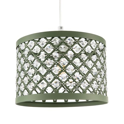 Modern Ornate Olive Green Metal Pendant Light Shade with Clear Hexagonal Acrylic Beads | 25cm Diameter | Shabby Chic Style by Happy Homewares