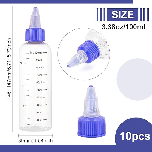 Miniatura 2 de BENECREAT Paquete de 10 botellas de plástico de 3.4 fl oz3.4 onzas con escala PET transparente azul con tapa giratoria azul, botellas dispensadoras