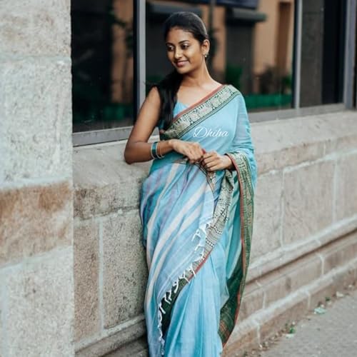 Image of Narayanpet Pure Cotton Avani Border Saree for Women with Running Blouse | Tassels | Traditional Woven Solid Design | Handloom Weave
