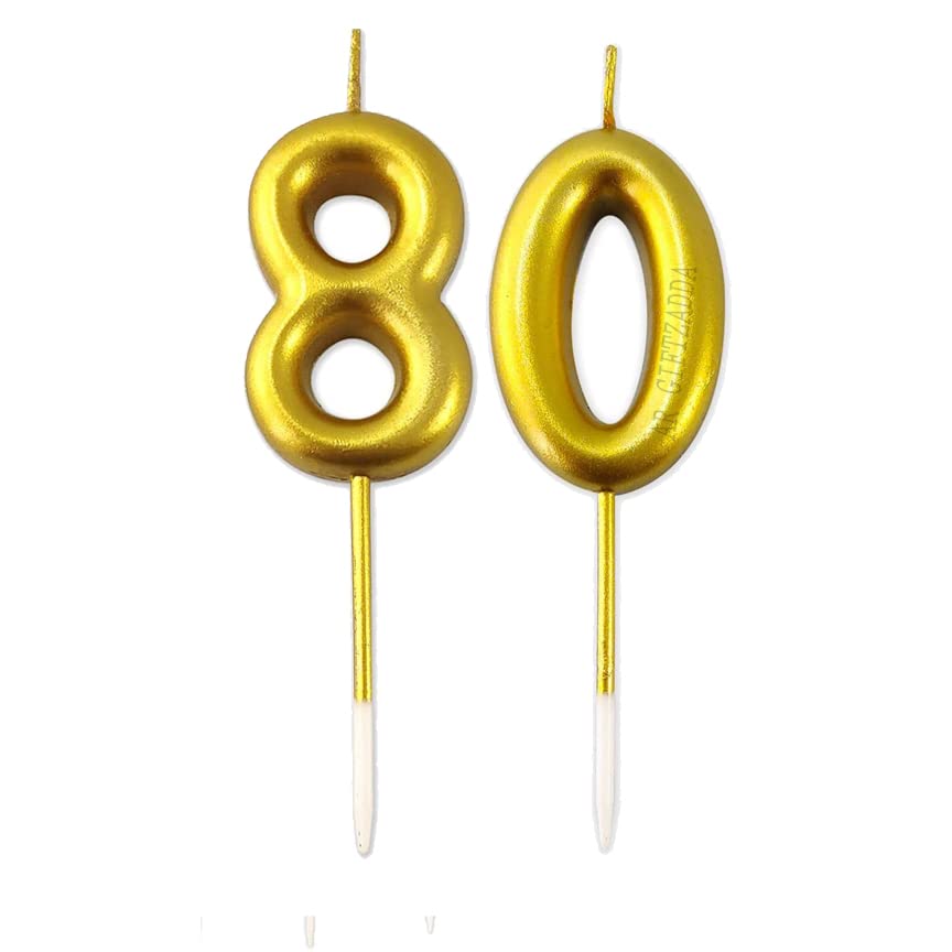 Image of AR Giftzadda 80 Number Golden Chrome Candle Cake Topper for 80th Birthday /Anniversary Party Celebrations Pack of 1 (2 No. Candle) (80 Number Gold Chrome Candle)