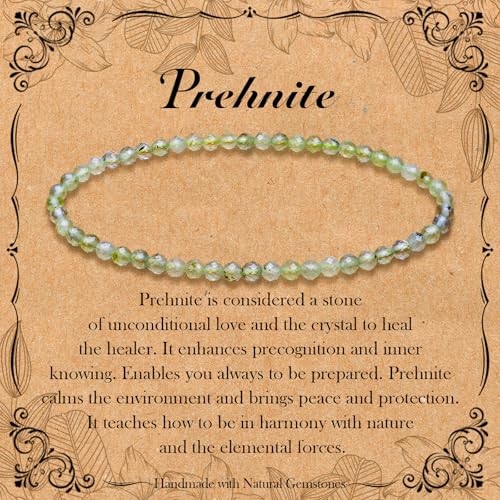 BONNY BOXX Natural Genuine Gemstone Faceted Round Beads Bracelets, 3mm Adjustable Stretchy Tiny Faceted Prehnite Bracelet, Healing Crystal Reiki Chakra Dainty Jewelry Fashion Gifts