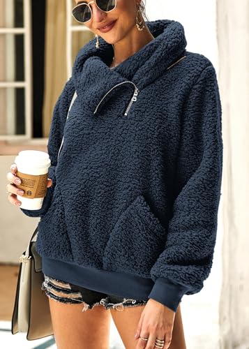 KIRUNDO Sherpa Pullover Womens Fleece Zip Sweatshirt Fall(Dark Blue, M) - image 2