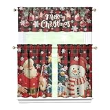 Sunopas Christmas Kitchen Curtains Valances and Tiers Set for Windows,Santa Claus Snowman Vintage Bathroom Window Curtain Valance 3 Piece Sets,Xmas Eve Kitchen Decor for Living Room,54'x 36'