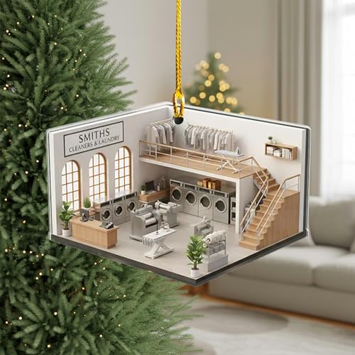 LOVELYPOD Personalized Laundry 2D Flat Ornament, Custom Dry Mini Laundromat Shop Decoration, Small Business Acrylic Christmas Ornament, Gift for Cleaners and Store Owners