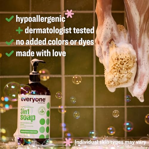 Image of Everyone 3-in-1 Soap, Body Wash, Bubble Bath, Shampoo, 32 Ounce (Pack of 2), Peppermint Tea Tree, made with Essential Oils for Men and Women | Body wash | shampoo | bubble bath in one | peppermint tea tree | plant-based | men and women | bulk 2-pack value