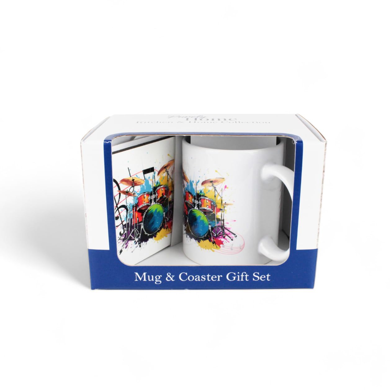 Purely Home Musical Mug & Coaster Gift Set - Multicolour Drums Ceramic Cup and Cork Coaster Set - Tea/Coffee Present for Music Lovers