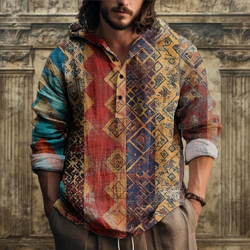 MARSVOVO Vintage Ethnic Men's Lightweight Hoodie Long Sleeve 3 Button Hooded Shirt Comfy Cool Daily Tops for Spring Fall2