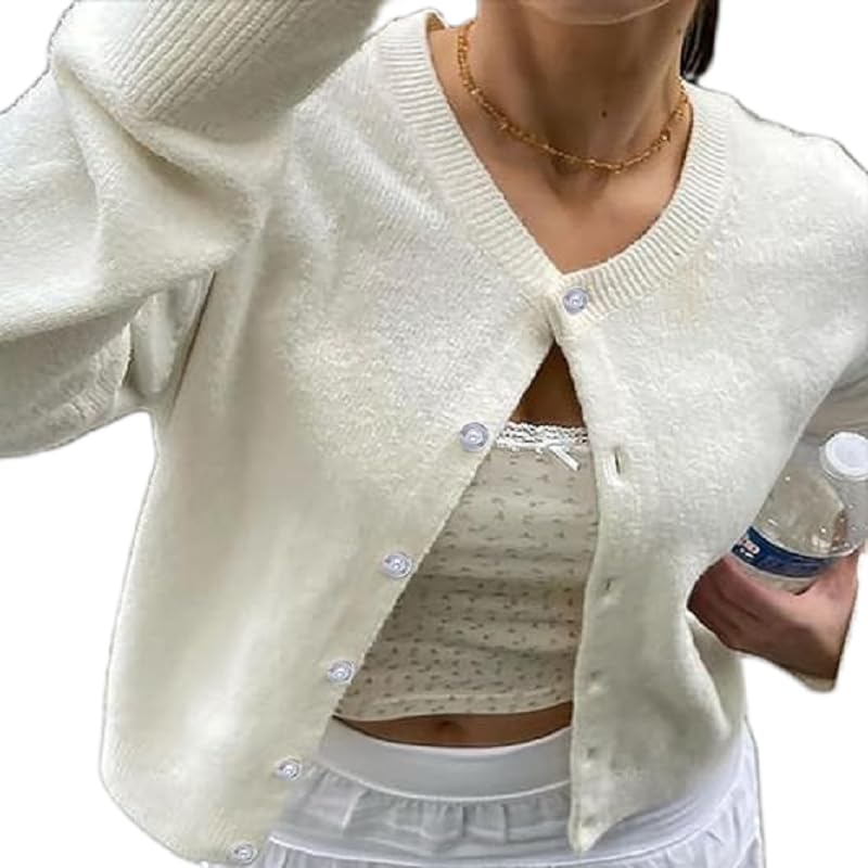 Image of Muineobuka Women Knit Cropped Cardigan Tops Long Sleeve Button Down Lightweight Bolero Sweater Tops White, X-Large