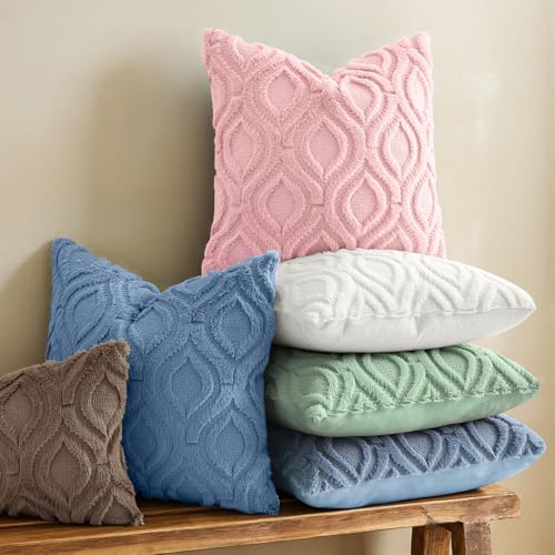Image of decorUhome Fall Throw Pillow Covers 16x16 Inch Set of 2, Soft Plush Faux Wool Pink Solid Couch Pillow Covers, Accent Farmhouse Neutral Square Pillow Cases for Sofa Bed Living Room