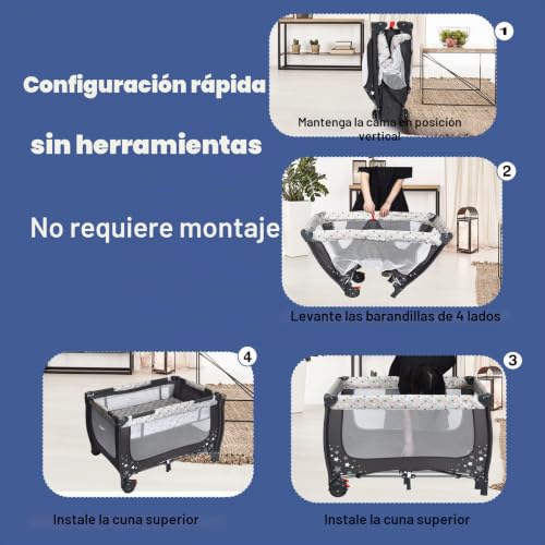 Miniatura 5 de Lifezeal Cuna De Bebé Plegable 3-1, Parque Y Cuna De Viaje, Cuna Portátil Con Moisés Desmontable, Ruedas, Malla Transpirable Y Bolsa, Moisés Para Niños Hasta 3 Años Gris