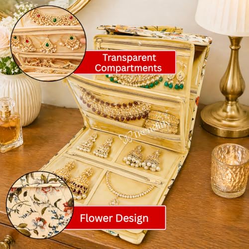 Image of Trendifly Cotton Blend Foldable Multipocket Jewellery Organizer Suitcase Women Embroidery Design Travelling Jewelry Sutcase Bag 5 Transparent Pockets Necklace Bangles Rings Girls (Flower Brown)