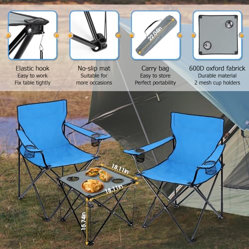 Image of HaSteeL Folding Camping Chair Set of 3, Foldable Blue Camp Chairs & Grey Table, Large Lawn Chair Portable for Adults Hiking, Fishing, Picnic, Outdoor BBQ, Travel, Sports, Cup Holders & Storage Bags