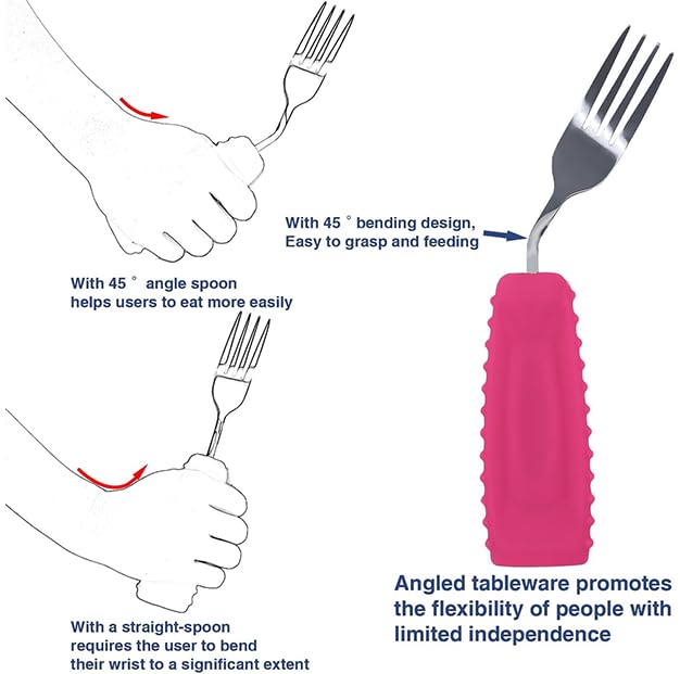 Image of Adaptive Utensils Angled Spoon and Fork for Hand Tremors Parkinsons,Weighted Utensils with Non-Slip Easy Grip Handles for Independent Eating (1pcs Spoon+1pcs Fork=2 pcs,Pink,Left Hand)