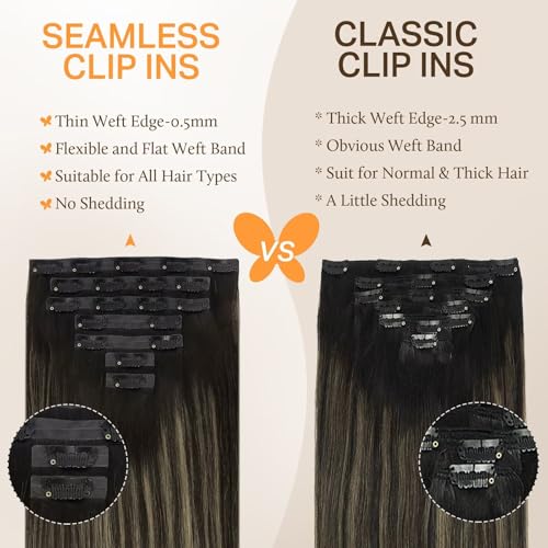 Image of DOORES Clip-in Hair Extensions, Natural Black to Light Blonde, 7pcs 14 Inch 130g, Seamless Remy Hair, Thick Straight Hair, Invisi Edge