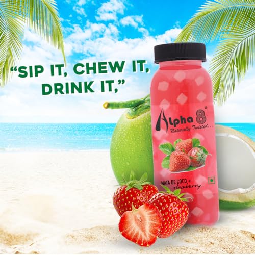Image of ALPHA 8 FRUIT Juice with NATA De Coco Coconut Cubes Natural Energizer & Immunity Booster, Healthy Juice, High Fiber, Real Natural Taste (Strawberry Pack of 12)