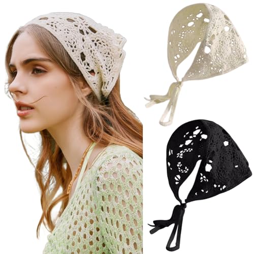 FULZTEY Crochet Bandanas Headbands for Women Black Bandana White Hippie Hairband Hallow Flower Head Scarf Knitted Floral Headwraps Vintage Head Kerchief Boho Hair Accessories 2Pcs