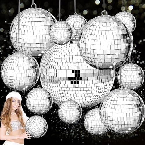 Beeveer 12 Pcs Large Mirror Disco Ball Light Mirror Ball Disco Party Decorations Silver Hanging Sets Reflective Ornament for Christmas Wedding Party Favor(8/5/3/2 Inch)
