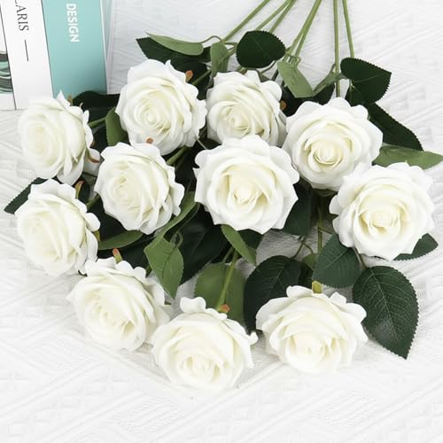 Vixplorn 造花 バラ 10本セット シルクフラワー 花束 フェイクフラワー おしゃれ 母の日 結婚式 誕生日 入学式 装飾用 花径7cm*長さ50cm ホワイト