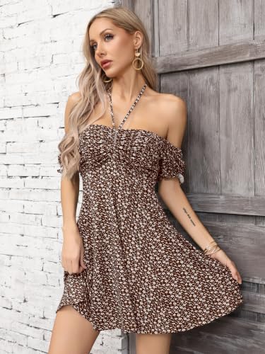 Image of Missufe Women's Puff Short Sleeve Drawstring Ruched Front Fit and Flare Floral Summer Casual Short Dress