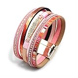 Tree of Life Wrap Boho Leather Wide Cuff Handmade Wristbands Braided Magnetic Buckle Bangle Bracelet Gift for Women Girl (Zircon pinck)