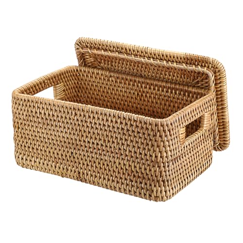 Hipiwe Rattan Basket with Lid Rectangular Lidded Basket Natural Hand-Woven Wicker Storage Basket Bin for Shelf Organizing Picnic Food Bread Table Storage Basket, 12'x7.9'x 5.9'
