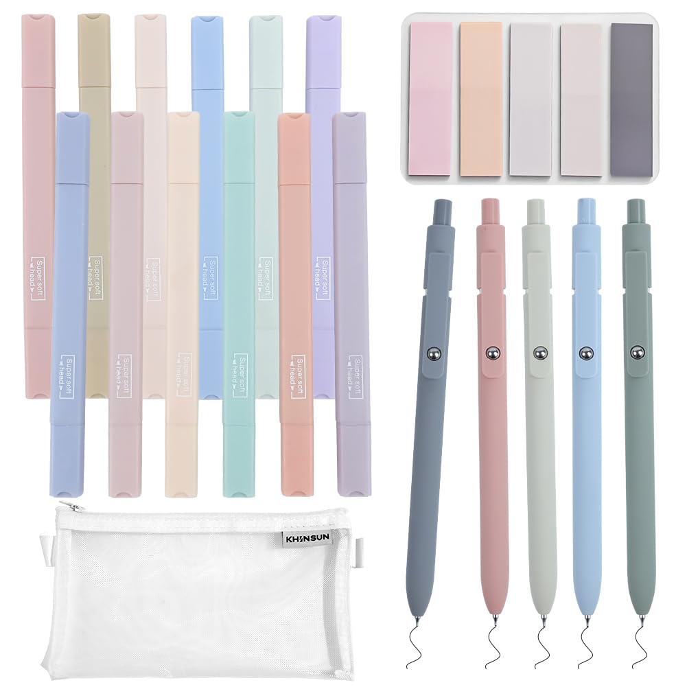 17 Subrayadores Pastel Set, 12 Doble Resaltador Pastel Estético 5 Rotuladores Fineliner Negros, Marcadores Fluorescentes para Llevar Un Diario