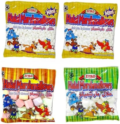 Ziyad Gourmet Halal Marshmallows Variety Pack, Fruity Sweet Treat, Pork-Free, Egg-Free, Dairy-Free, Perfect for Holidays and S’mores! Pack of 4