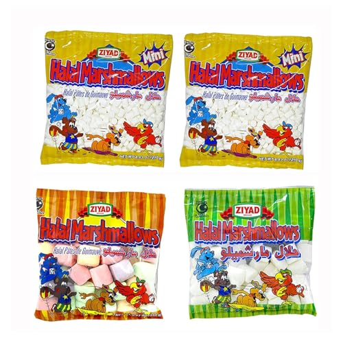 Ziyad Gourmet Halal Marshmallows Variety Pack, Fruity Sweet Treat, Pork-Free, Egg-Free, Dairy-Free, Gluten-Free, Perfect for Holidays and S’mores! Pack of 4