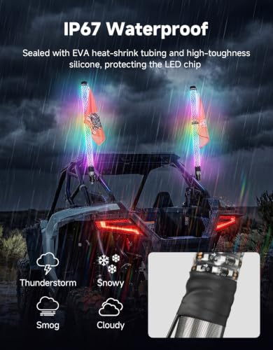 Image of KEMIMOTO 2pc 3ft Fat Whip Lights for Side by Side, Turning Signal Function | 360 Lighting, 366+ Light Modes, Music Sync Compatible with Polaris RZR Can-Am X3 UTV Buggy Boat Offroad