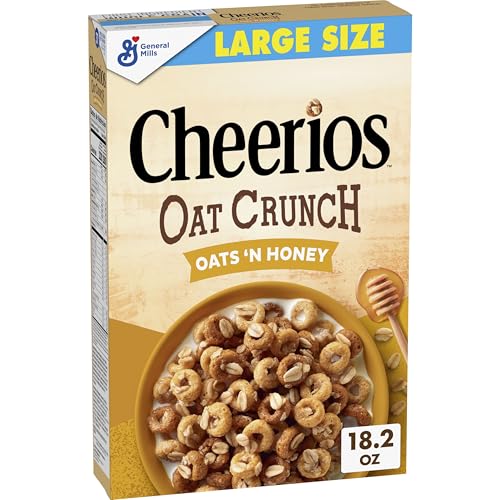 Image of Cheerios Oat Crunch Oats 'N Honey Breakfast Cereal, Made with Whole Grain, Large Size, 18.2 oz