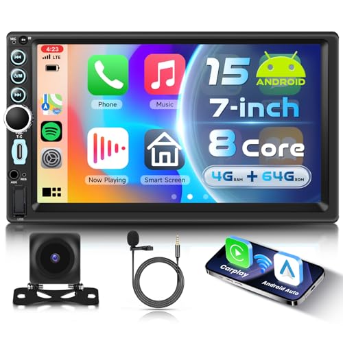 VECHTEL 8 Core 4G+64G Android 15 Radio Coche Bluetooth con Carplay Android Auto Inalámbrico, Autoradio 2 DIN con Pantalla Táctil 7 Pulgadas Soporte Bluetooth Radio FM RDS GPS Wi-Fi USB/Tipo-C Cámara