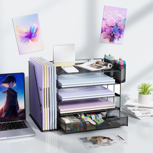 Image of gianotter 5-Tier Desk Organizer with Drawers and File Holders | Letter Trays and Pen Holders - Workspace Accessories for Office Supplies (Black)