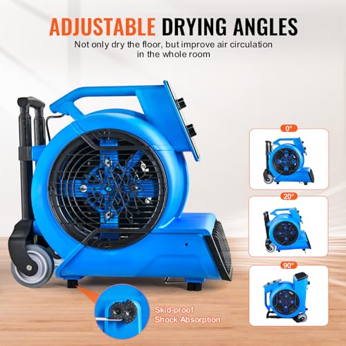 Image of VEVOR Air Mover, 1 HP 4000 CFM Carpet Dryer for Cooling and Ventilating, Portable Floor Blower Fan with 3 Blowing Angles and Time Function, for Janitorial, Home, Commercial Use