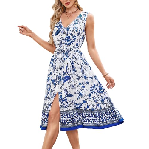Image of BROVAVE Women Summer Bohemian Floral Print V Neck Sleeveless Sundress Flowy Casual Midi Dress