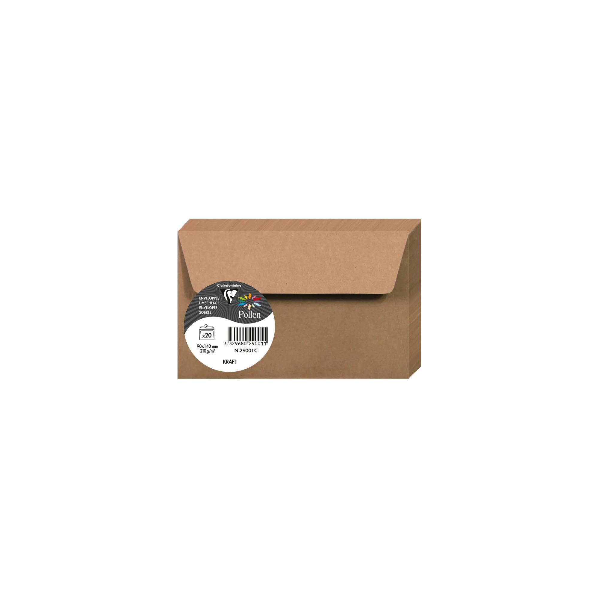 Clairefontaine 29001C Kraft Paper Pack of 20 Self-Adhesive Envelopes 9x14cm 120gsm Kraft Colour Invitation Events Correspondence Pollen Range Smooth Premium