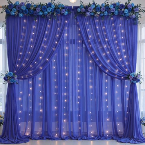 10ft x 10ft Royal Blue Chiffon Backdrop Curtain with Lights String for Parites Wedding Wrinkle Free Curtain Photo Backdrops Drapes for Baby Shower Birthday Party Home Decorations